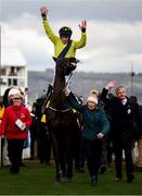 12 March 2025; Jockey Sean Flanagan, aboard Marine Nationale, celebrates after winning The BetMGM Queen Mother Champion Steeple Chase on day two of the Cheltenham Racing Festival at Prestbury Park in Cheltenham, England. Photo by Harry Murphy/Sportsfile