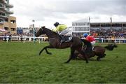 12 March 2025; Quilixios, ridden by Darragh O'Keeffe, falls at the last during The BetMGM Queen Mother Champion Steeple Chase on day two of the Cheltenham Racing Festival at Prestbury Park in Cheltenham, England. Photo by Harry Murphy/Sportsfile