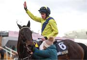 12 March 2025; Jockey Sean Flanagan, aboard Marine Nationale, celebrates after winning The BetMGM Queen Mother Champion Steeple Chase on day two of the Cheltenham Racing Festival at Prestbury Park in Cheltenham, England. Photo by Harry Murphy/Sportsfile