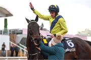 12 March 2025; Jockey Sean Flanagan, aboard Marine Nationale, celebrates after winning The BetMGM Queen Mother Champion Steeple Chase on day two of the Cheltenham Racing Festival at Prestbury Park in Cheltenham, England. Photo by Harry Murphy/Sportsfile