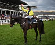 12 March 2025; Sean Flanagan, aboard Marine Nationale, celebrates after winning The BetMGM Queen Mother Champion Steeple Chase on day two of the Cheltenham Racing Festival at Prestbury Park in Cheltenham, England. Photo by David Fitzgerald/Sportsfile