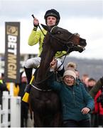 12 March 2025; Jockey Sean Flanagan, aboard Marine Nationale, celebrates after winning The BetMGM Queen Mother Champion Steeple Chase on day two of the Cheltenham Racing Festival at Prestbury Park in Cheltenham, England. Photo by Harry Murphy/Sportsfile