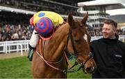 12 March 2025; Danny Gilligan, aboard Jazzy Matty, celebrates after winning The Debenhams Johnny Henderson Grand Annual Handicap Steeple Chase Challenge Cup on day two of the Cheltenham Racing Festival at Prestbury Park in Cheltenham, England. Photo by David Fitzgerald/Sportsfile