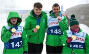 12 March 2025; Medal winners all, Maire Connelly of Team Ireland, a member of Kilternan Karvers, Clanbridge, Galway, Gold, Caolan McConville of Team Ireland, a member of Skiability Northern Ireland, Aghaghallon, Antrim, Gold, Clive Healy of Team Ireland, a member of Waterford Special Olympics Club, Waterford City, Bronze, and Lucy Best of Team Ireland, a member of Skiability Northern Ireland, Balinderry, Antrim after day four of the Turin 2025 Special Olympics World Winter Games in Sestriere, Italy. Photo by Ray McManus/Sportsfile