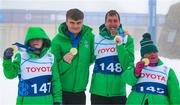 12 March 2025; Medal winners all, Maire Connelly of Team Ireland, a member of Kilternan Karvers, Clanbridge, Galway, Gold, Caolan McConville of Team Ireland, a member of Skiability Northern Ireland, Aghaghallon, Antrim, Gold, Clive Healy of Team Ireland, a member of Waterford Special Olympics Club, Waterford City, Bronze, and Lucy Best of Team Ireland, a member of Skiability Northern Ireland, Balinderry, Antrim after day four of the Turin 2025 Special Olympics World Winter Games in Sestriere, Italy. Photo by Ray McManus/Sportsfile