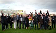 12 March 2025; Jockey Danny Gilligan, centre, celebrates with Winning Connections after winning The Debenhams Johnny Henderson Grand Annual Handicap Steeple Chase Challenge Cup with Jazzy Matty on day two of the Cheltenham Racing Festival at Prestbury Park in Cheltenham, England. Photo by David Fitzgerald/Sportsfile