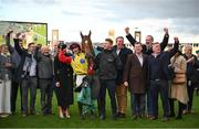 12 March 2025; Jockey Danny Gilligan, centre, celebrates with Winning Connections after winning The Debenhams Johnny Henderson Grand Annual Handicap Steeple Chase Challenge Cup with Jazzy Matty on day two of the Cheltenham Racing Festival at Prestbury Park in Cheltenham, England. Photo by David Fitzgerald/Sportsfile