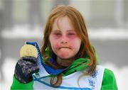 12 March 2025; Maire Connelly of Team Ireland, a member of Kilternan Karvers, Clanbridge, Galway with her Gold Medal, won in the Novice Giant Slalon Final, during day four of the Turin 2025 Special Olympics World Winter Games in Sestriere, Italy. Photo by Ray McManus/Sportsfile