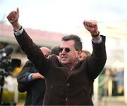 12 March 2025; Part-owner Michael Kelly celebrates after winning The Debenhams Johnny Henderson Grand Annual Handicap Steeple Chase Challenge Cup with Jazzy Matty on day two of the Cheltenham Racing Festival at Prestbury Park in Cheltenham, England. Photo by David Fitzgerald/Sportsfile