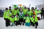 12 March 2025; Family and friends, from, Clanbridge, in Galway, celebrate with Maire Connelly of Team Ireland, a member of Kilternan Karvers, Clanbridge, Galway with her Gold Medal, won in the Novice Giant Slalon Final, during day four of the Turin 2025 Special Olympics World Winter Games in Sestriere, Italy. Photo by Ray McManus/Sportsfile