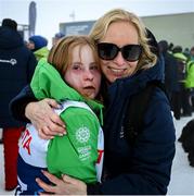 12 March 2025; Karen Coventry, Director of Sport, Special Olympics Ireland, with Maire Connelly of Team Ireland, a member of Kilternan Karvers, Clanbridge, Galway with her Gold Medal, won in the Novice Giant Slalon Final, during day four of the Turin 2025 Special Olympics World Winter Games in Sestriere, Italy. Photo by Ray McManus/Sportsfile