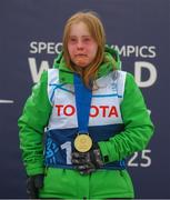 12 March 2025; Maire Connelly of Team Ireland, a member of Kilternan Karvers, Clanbridge, Galway with her Gold Medal, won in the Novice Giant Slalon Final, during day four of the Turin 2025 Special Olympics World Winter Games in Sestriere, Italy. Photo by Ray McManus/Sportsfile