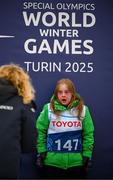 12 March 2025; Maire Connelly of Team Ireland, a member of Kilternan Karvers, Clanbridge, Galway with her Gold Medal, won in the Novice Giant Slalon Final, reacts as she is about to be presented with the medal on day four of the Turin 2025 Special Olympics World Winter Games in Sestriere, Italy. Photo by Ray McManus/Sportsfile