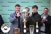 12 March 2025; Winning owner and trainer Cian Collins, left, with Alan O'Sullivan, brother of the late jockey Michael O'Sullivan, after winning The Debenhams Johnny Henderson Grand Annual Handicap Steeple Chase Challenge Cup with Jazzy Matty on day two of the Cheltenham Racing Festival at Prestbury Park in Cheltenham, England. Photo by David Fitzgerald/Sportsfile