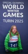 12 March 2025; Maire Connelly of Team Ireland, a member of Kilternan Karvers, Clanbridge, Galway with her Gold Medal, won in the Novice Giant Slalon Final, awaits the presentation on day four of the Turin 2025 Special Olympics World Winter Games in Sestriere, Italy. Photo by Ray McManus/Sportsfile