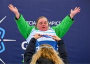 12 March 2025; Lucy Best of Team Ireland, a member of Skiability Northern Ireland, Balinderry, Antrim, as she is presented with her Gold Medal, won in the Novice Giant Slalon Final, division eight, during day four of the Turin 2025 Special Olympics World Winter Games in Sestriere, Italy. Photo by Ray McManus/Sportsfile