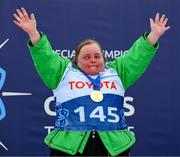 12 March 2025; Lucy Best of Team Ireland, a member of Skiability Northern Ireland, Balinderry, Antrim, with her Gold Medal, won in the Novice Giant Slalon Final, division eight, during day four of the Turin 2025 Special Olympics World Winter Games in Sestriere, Italy. Photo by Ray McManus/Sportsfile