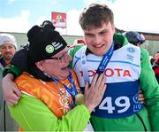 12 March 2025; Peadar McConville, with his son, Caolan McConville of Team Ireland, a member of Skiability Northern Ireland, Aghaghallon, Antrim, with his Gold Medal, a first ever Gold for a Special Olympics Ireland athlete at Advanced level, on day four of the Turin 2025 Special Olympics World Winter Games in Sestriere, Italy. Photo by Ray McManus/Sportsfile