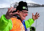 12 March 2025; Peadar McConville, rushes to greet his son, Caolan McConville of Team Ireland, a member of Skiability Northern Ireland, Aghaghallon, Antrim, with his Gold Medal, a first ever Gold for a Special Olympics Ireland athlete at Advanced level, on day four of the Turin 2025 Special Olympics World Winter Games in Sestriere, Italy. Photo by Ray McManus/Sportsfile