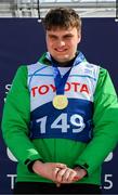 12 March 2025; Caolan McConville of Team Ireland, a member of Skiability Northern Ireland, Aghaghallon, Antrim with his Gold Medal, a first ever Gold for a Special Olympics Ireland athlete at Advanced level, on day four of the Turin 2025 Special Olympics World Winter Games in Sestriere, Italy. Photo by Ray McManus/Sportsfile