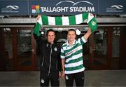 12 March 2025; Shamrock Rovers new signing Ruesha Littlejohn with head coach Collie O'Neill during her unveiling at Tallaght Stadium in Dublin. Photo by Stephen McCarthy/Sportsfile