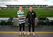 12 March 2025; Shamrock Rovers new signing Ruesha Littlejohn with head coach Collie O'Neill during her unveiling at Tallaght Stadium in Dublin. Photo by Stephen McCarthy/Sportsfile