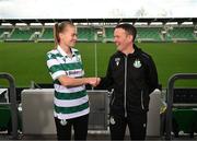 12 March 2025; Shamrock Rovers new signing Ruesha Littlejohn with head coach Collie O'Neill during her unveiling at Tallaght Stadium in Dublin. Photo by Stephen McCarthy/Sportsfile