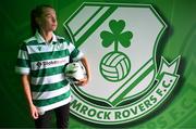 12 March 2025; Shamrock Rovers new signing Ruesha Littlejohn poses for a portrait during her unveiling at Tallaght Stadium in Dublin. Photo by Stephen McCarthy/Sportsfile