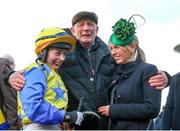 12 March 2025; Jockey Jody Townend, centre, celebrates with her father Tim and sister Caroline after winning The Weatherbys Champion Bumper with Bambino Fever on day two of the Cheltenham Racing Festival at Prestbury Park in Cheltenham, England. Photo by Harry Murphy/Sportsfile