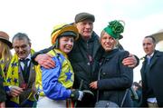 12 March 2025; Jockey Jody Townend, centre, celebrates with her father Tim and sister Caroline after winning The Weatherbys Champion Bumper with Bambino Fever on day two of the Cheltenham Racing Festival at Prestbury Park in Cheltenham, England. Photo by Harry Murphy/Sportsfile