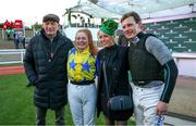 12 March 2025; Jockey Jody Townend, centre, celebrates with her father Tim, sister Caroline and brother Paul after winning The Weatherbys Champion Bumper with Bambino Fever on day two of the Cheltenham Racing Festival at Prestbury Park in Cheltenham, England. Photo by Harry Murphy/Sportsfile