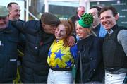 12 March 2025; Jockey Jody Townend, centre, celebrates with her father Tim, sister Caroline and brother Paul after winning The Weatherbys Champion Bumper with Bambino Fever on day two of the Cheltenham Racing Festival at Prestbury Park in Cheltenham, England. Photo by Harry Murphy/Sportsfile