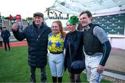 12 March 2025; Jockey Jody Townend, centre, celebrates with her father Tim, sister Caroline and brother Paul after winning The Weatherbys Champion Bumper with Bambino Fever on day two of the Cheltenham Racing Festival at Prestbury Park in Cheltenham, England. Photo by Harry Murphy/Sportsfile