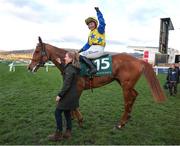 12 March 2025; Jody Townend, aboard Bambino Fever, celebrates after winning The Weatherbys Champion Bumper on day two of the Cheltenham Racing Festival at Prestbury Park in Cheltenham, England. Photo by Harry Murphy/Sportsfile