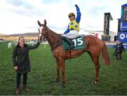 12 March 2025; Jody Townend, aboard Bambino Fever, celebrates after winning The Weatherbys Champion Bumper on day two of the Cheltenham Racing Festival at Prestbury Park in Cheltenham, England. Photo by Harry Murphy/Sportsfile