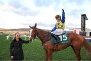 12 March 2025; Jody Townend, aboard Bambino Fever, celebrates after winning The Weatherbys Champion Bumper on day two of the Cheltenham Racing Festival at Prestbury Park in Cheltenham, England. Photo by Harry Murphy/Sportsfile