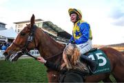 12 March 2025; Jody Townend, aboard Bambino Fever, celebrates after winning The Weatherbys Champion Bumper on day two of the Cheltenham Racing Festival at Prestbury Park in Cheltenham, England. Photo by Harry Murphy/Sportsfile