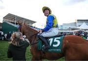 12 March 2025; Jody Townend, aboard Bambino Fever, celebrates after winning The Weatherbys Champion Bumper on day two of the Cheltenham Racing Festival at Prestbury Park in Cheltenham, England. Photo by Harry Murphy/Sportsfile