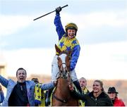 12 March 2025; Jody Townend, aboard Bambino Fever, celebrates after winning The Weatherbys Champion Bumper on day two of the Cheltenham Racing Festival at Prestbury Park in Cheltenham, England. Photo by Harry Murphy/Sportsfile