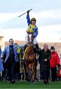 12 March 2025; Jody Townend, aboard Bambino Fever, celebrates after winning The Weatherbys Champion Bumper on day two of the Cheltenham Racing Festival at Prestbury Park in Cheltenham, England. Photo by Harry Murphy/Sportsfile