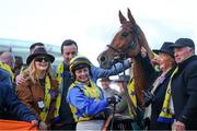 12 March 2025; Jockey Jody Townend with Bambino Fever and Winning Connections after winning The Weatherbys Champion Bumper on day two of the Cheltenham Racing Festival at Prestbury Park in Cheltenham, England. Photo by Harry Murphy/Sportsfile