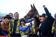 12 March 2025; Jockey Jody Townend with Bambino Fever and Winning Connections after winning The Weatherbys Champion Bumper on day two of the Cheltenham Racing Festival at Prestbury Park in Cheltenham, England. Photo by Harry Murphy/Sportsfile