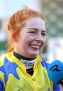 12 March 2025; Jockey Jody Townend is interviewed post-race after winning The Weatherbys Champion Bumper with Bambino Fever on day two of the Cheltenham Racing Festival at Prestbury Park in Cheltenham, England. Photo by Harry Murphy/Sportsfile