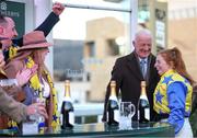 12 March 2025; Jockey Jody Townend celebrates with trainer Willie Mullins after winning The Weatherbys Champion Bumper with Bambino Fever on day two of the Cheltenham Racing Festival at Prestbury Park in Cheltenham, England. Photo by Harry Murphy/Sportsfile