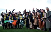 12 March 2025; Jockey Jody Townend with Bambino Fever and Winning Connections after winning The Weatherbys Champion Bumper on day two of the Cheltenham Racing Festival at Prestbury Park in Cheltenham, England. Photo by Harry Murphy/Sportsfile