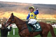 12 March 2025; Jody Townend, aboard Bambino Fever, celebrates after winning The Weatherbys Champion Bumper on day two of the Cheltenham Racing Festival at Prestbury Park in Cheltenham, England. Photo by Harry Murphy/Sportsfile