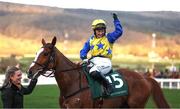 12 March 2025; Jody Townend, aboard Bambino Fever, celebrates after winning The Weatherbys Champion Bumper on day two of the Cheltenham Racing Festival at Prestbury Park in Cheltenham, England. Photo by Harry Murphy/Sportsfile