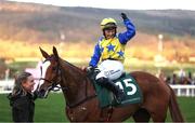 12 March 2025; Jody Townend, aboard Bambino Fever, celebrates after winning The Weatherbys Champion Bumper on day two of the Cheltenham Racing Festival at Prestbury Park in Cheltenham, England. Photo by Harry Murphy/Sportsfile