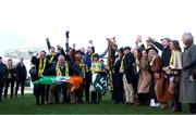 12 March 2025; Jockey Jody Townend with Bambino Fever and Winning Connections after winning The Weatherbys Champion Bumper on day two of the Cheltenham Racing Festival at Prestbury Park in Cheltenham, England. Photo by Harry Murphy/Sportsfile