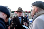 12 March 2025; Winning trainer Willie Mullins is interviewed post-race after winning The Weatherbys Champion Bumper with Bambino Fever on day two of the Cheltenham Racing Festival at Prestbury Park in Cheltenham, England. Photo by Harry Murphy/Sportsfile